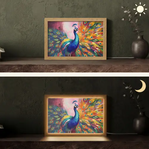 Pauw - Dieren - Schilderij - Regenboog Light Box met kabel (Tafellamp) klein -sfeer3