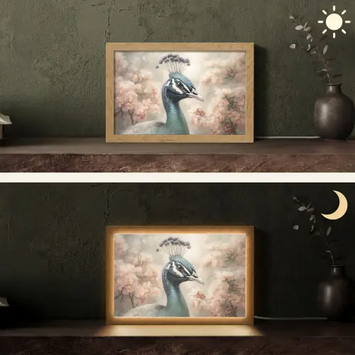 Pauw - Vogels - Bloemen - Boom - Botanisch Light Box met kabel (Tafellamp) klein -sfeer3