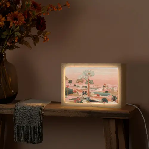 Roze landschap - Palmen - Water Light Box met kabel (Tafellamp) klein -sfeer4