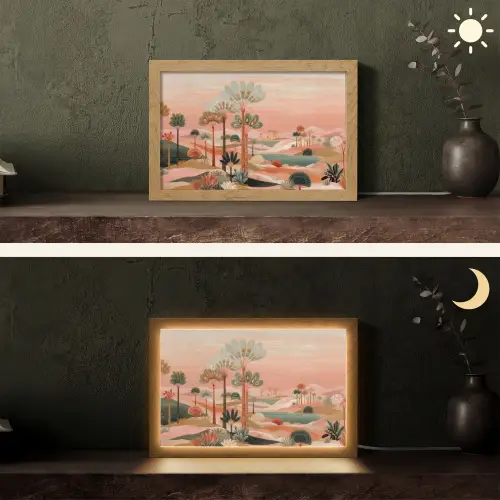 Roze landschap - Palmen - Water Light Box met kabel (Tafellamp) klein -sfeer3