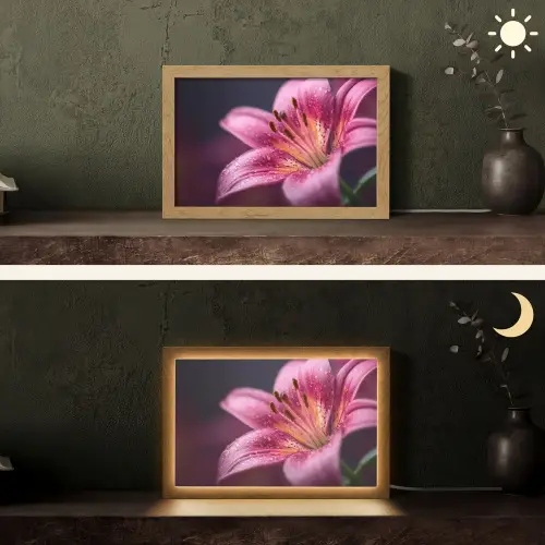 Roze - lelie - Dauwdruppels Light Box met kabel (Tafellamp) klein -sfeer3