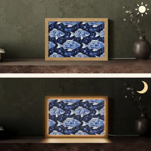 Vissen - Bloemen - Blauw Light Box met kabel (Tafellamp) klein 924 -sfeer3