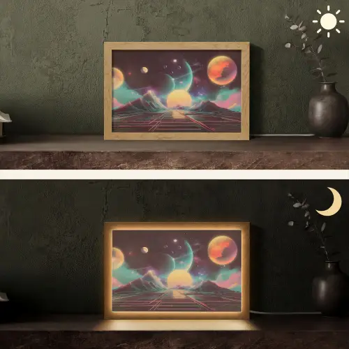 Planeten - Neon - Berglandschap - Zon Light Box met kabel (Tafellamp) klein -sfeer3