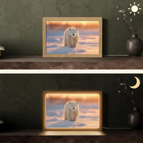Ijsbeer - Sneeuw - Zonsopgang Light Box met kabel (Tafellamp) klein -sfeer3