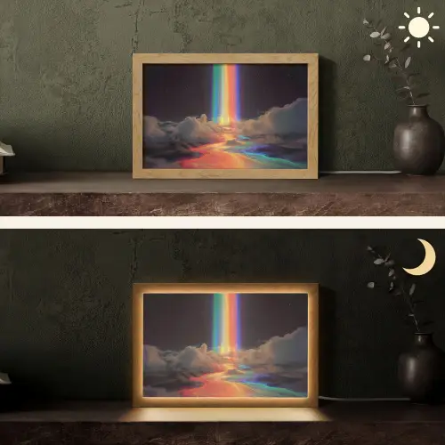 Regenboog - Verticaal - Sterrenhemel - Wolken Light Box met kabel (Tafellamp) klein -sfeer3