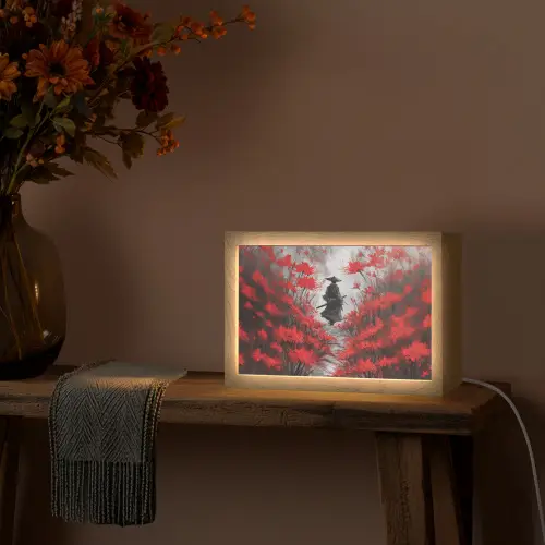 Rode bloemen - mistig - Man Light Box met kabel (Tafellamp) klein -sfeer4
