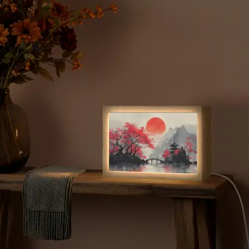 Rode zon - Rivier - brug - Bomen Light Box met kabel (Tafellamp) klein -sfeer4