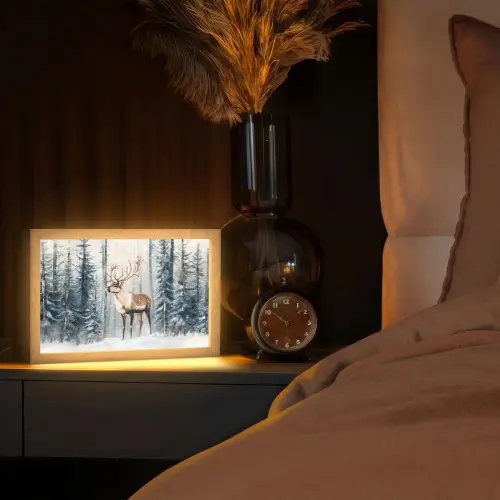 Rendier - Sneeuw - Woud - Wit Light Box met kabel (Tafellamp) klein -sfeer1