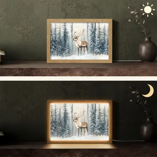 Rendier - Sneeuw - Woud - Wit Light Box met kabel (Tafellamp) klein -sfeer3