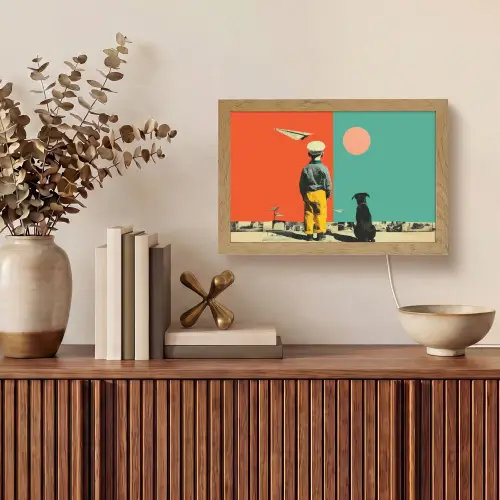 Retro - Jongen - Hond - Rood - Groen Light Box met kabel (Tafellamp) klein -sfeer2