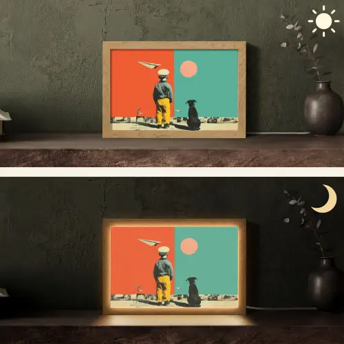 Retro - Jongen - Hond - Rood - Groen Light Box met kabel (Tafellamp) klein -sfeer3
