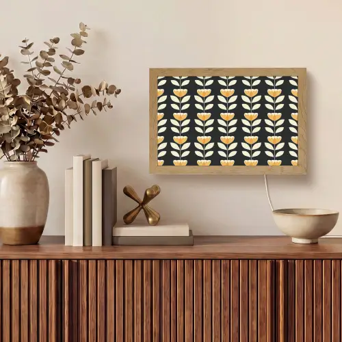 Retro - Bloem - Zwart - Okergeel Light Box met kabel (Tafellamp) klein 924 -sfeer2