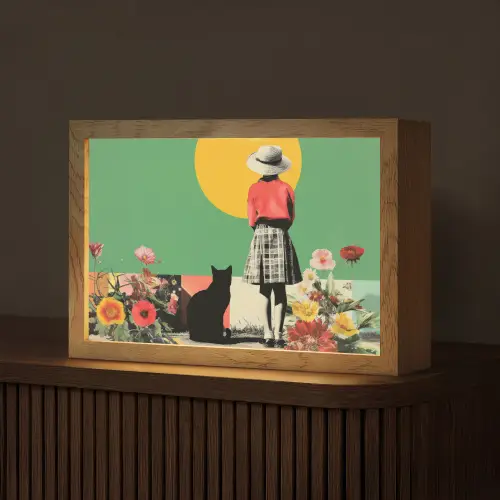 Retro - Meisje - Kat - Zon Light Box met kabel (Tafellamp) klein -z3d_website