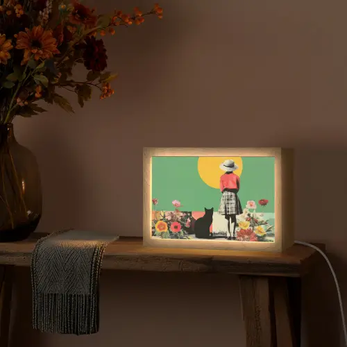 Retro - Meisje - Kat - Zon Light Box met kabel (Tafellamp) klein -sfeer4