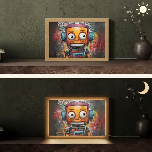 Robot - Graffiti - Oranje - Kleuren Light Box met kabel (Tafellamp) klein -sfeer3