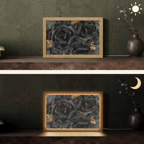 Rozen - Zwart - Bloemen - Goud Light Box met kabel (Tafellamp) klein -sfeer3