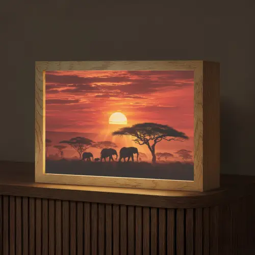 Savanne - Olifanten - Zonsondergang Light Box met kabel (Tafellamp) klein -z3d_website