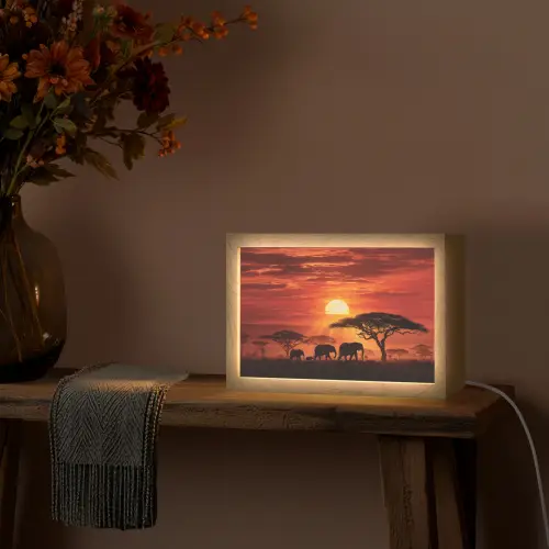 Savanne - Olifanten - Zonsondergang Light Box met kabel (Tafellamp) klein -sfeer4