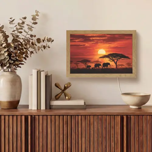 Savanne - Olifanten - Zonsondergang Light Box met kabel (Tafellamp) klein -sfeer2