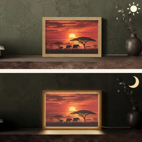 Savanne - Olifanten - Zonsondergang Light Box met kabel (Tafellamp) klein -sfeer3