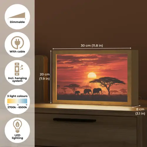 Savanne - Olifanten - Zonsondergang Light Box met kabel (Tafellamp) klein -USP_EN