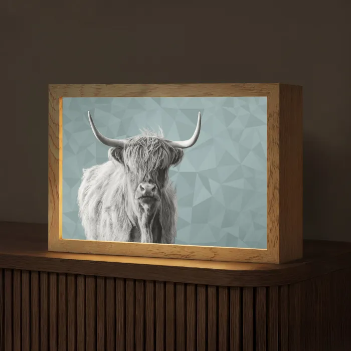 Schotse hooglander - Zwart wit - Patroon - Driehoek Light Box met kabel (Tafellamp) klein -z3d_website