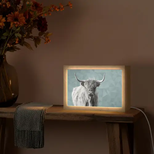 Schotse hooglander - Zwart wit - Patroon - Driehoek Light Box met kabel (Tafellamp) klein -sfeer4