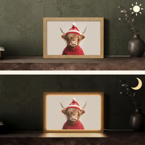 Schotse Hooglander - Kerst - Muts - Trui - Winter Light Box met kabel (Tafellamp) klein -sfeer3
