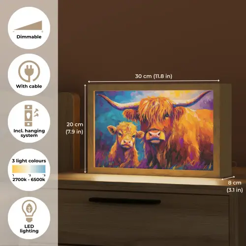 Schotse hooglander - Koeien - Dieren - Kunst Light Box met kabel (Tafellamp) klein -USP_EN