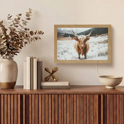 Schotse Hooglander - Landschap - Sneeuw - Bergen - Winter Light Box met kabel (Tafellamp) klein -sfeer2