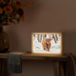 Schotse Hooglander - Sneeuw - Winter - Natuur - Dieren Light Box met kabel (Tafellamp) klein -sfeer4