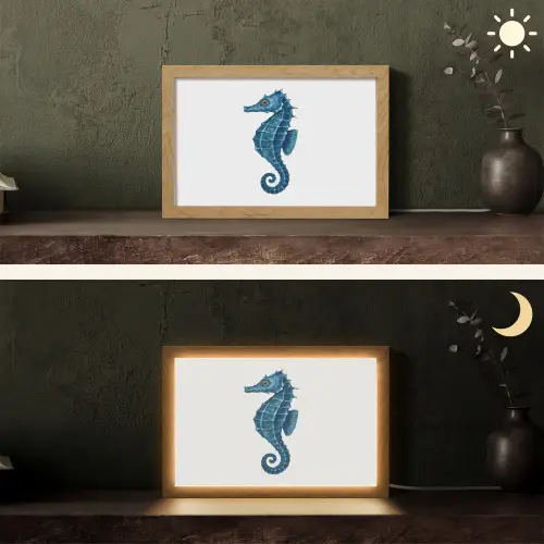 Zeepaardje - Staart - Blauw Light Box met kabel (Tafellamp) klein -sfeer3