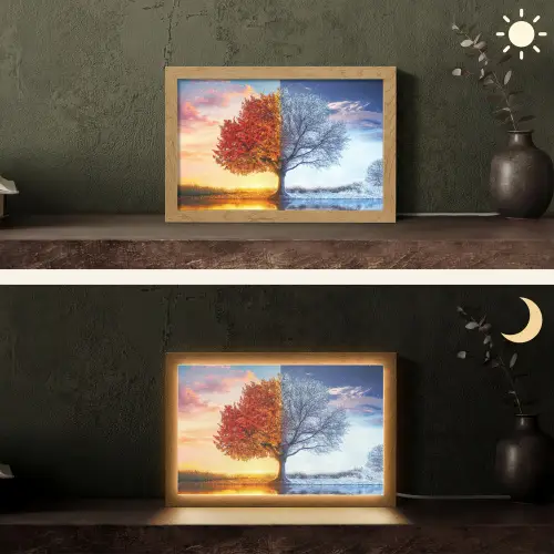 Seizoenen - Kunst - Boom - Herfst - Winter Light Box met kabel (Tafellamp) klein -sfeer3