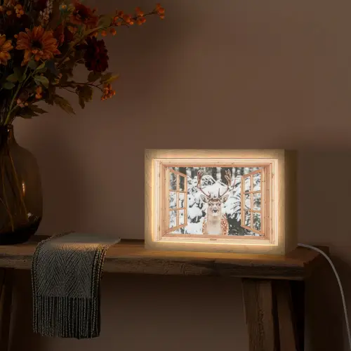 Doorkijk - Hert - Sneeuw - Winter - Bos - Dieren Light Box met kabel (Tafellamp) klein -sfeer4