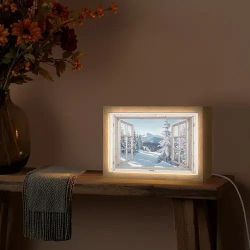 Doorkijk - Winter - Landschap - Natuur - Berg - Bomen - Wit Light Box met kabel (Tafellamp) klein -sfeer4