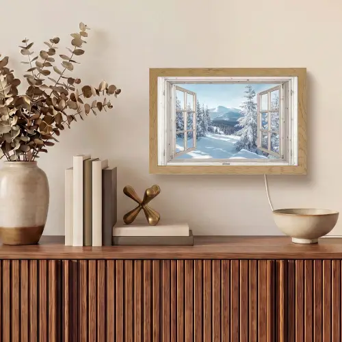 Doorkijk - Winter - Landschap - Natuur - Berg - Bomen - Wit Light Box met kabel (Tafellamp) klein -sfeer2