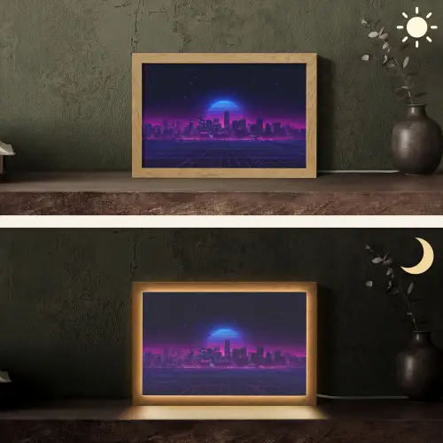 Skyline - Zon - Neon - Rasterpatroon Light Box met kabel (Tafellamp) klein -sfeer3