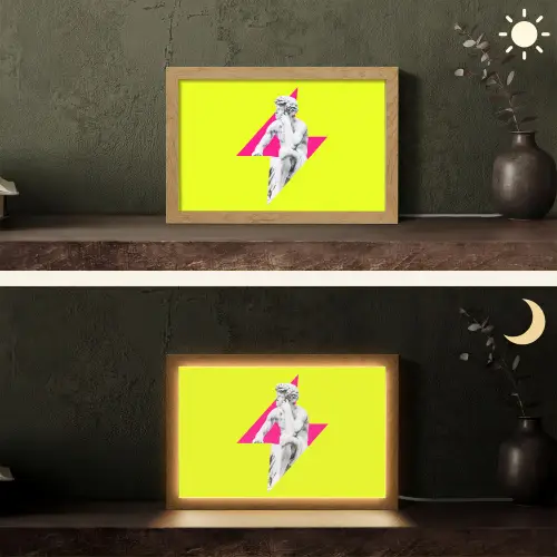 Beeld - Man - Bliksemschicht - Geel Light Box met kabel (Tafellamp) klein -sfeer3