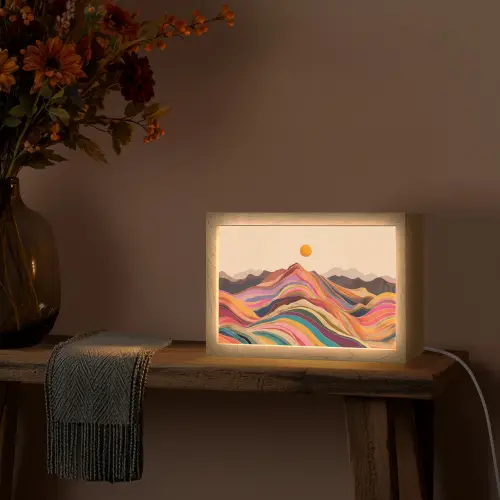Zon - Kleurrijk landschap - Bergen Light Box met kabel (Tafellamp) klein -sfeer4