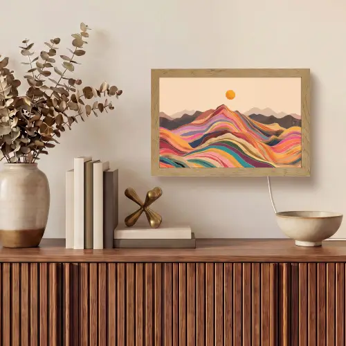 Zon - Kleurrijk landschap - Bergen Light Box met kabel (Tafellamp) klein -sfeer2