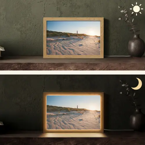 Zon - Duinen - Strand - Vuurtoren Light Box met kabel (Tafellamp) klein -sfeer3
