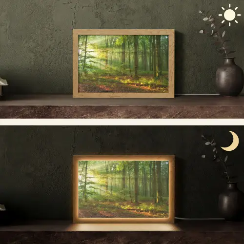 Zon - Bos - Bomen - Natuur - Herfst Light Box met kabel (Tafellamp) klein -sfeer3