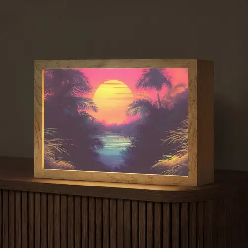 Zon - Geel - Palmbomen - Tropisch Light Box met kabel (Tafellamp) klein -z3d_website