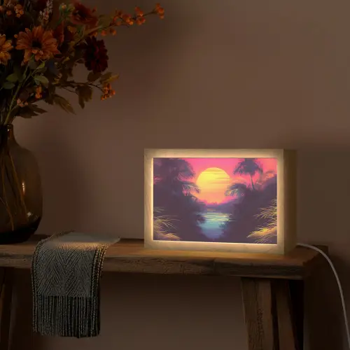 Zon - Geel - Palmbomen - Tropisch Light Box met kabel (Tafellamp) klein -sfeer4