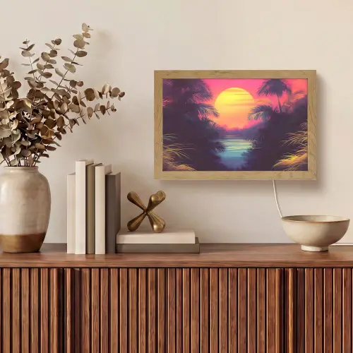 Zon - Geel - Palmbomen - Tropisch Light Box met kabel (Tafellamp) klein -sfeer2
