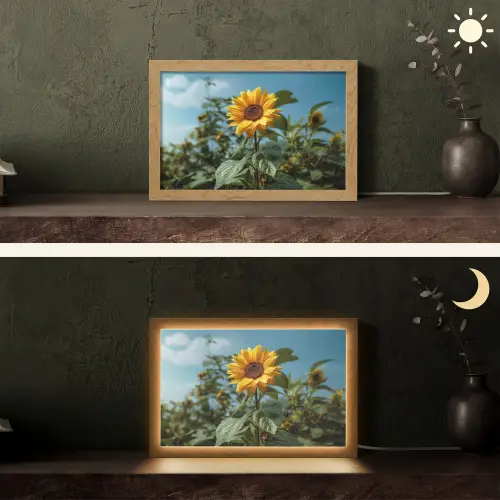 Zonnebloemen - Helderblauwer lucht - Gras Light Box met kabel (Tafellamp) klein -sfeer3