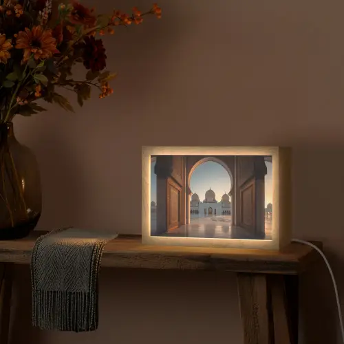 Zonsopkomst - Witte koepels - Plein - Moskee Light Box met kabel (Tafellamp) klein -sfeer4