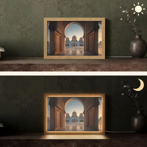 Zonsopkomst - Witte koepels - Plein - Moskee Light Box met kabel (Tafellamp) klein -sfeer3