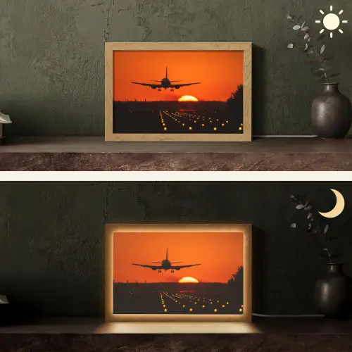 Zonsondergang - Vliegtuig - Oranje - Zon Light Box met kabel (Tafellamp) klein -sfeer3