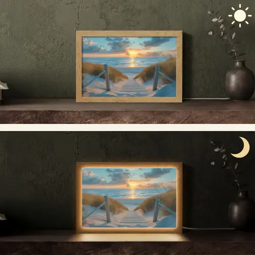 Zonsondergang - Strand - Zomer - Landschap Light Box met kabel (Tafellamp) klein -sfeer3